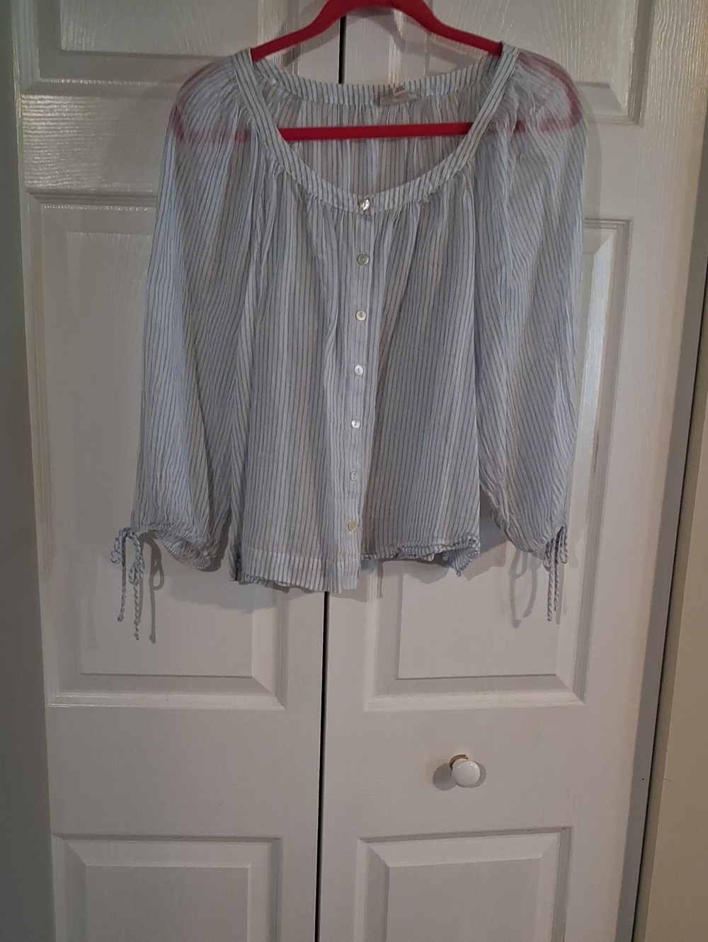 Light Blue Striped Oversized Peasant Blouse